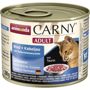 کنسرو پته حاوی گوشت گاو و ماهی کاد و ریشه جعفری مخصوص گربه بالغ کارنی