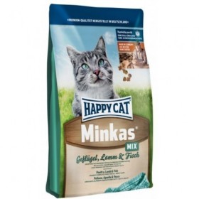 غذای خشک گربه مینکاس با گوشت ماکیان بره و ماهی مخصوص گربه های بالغ هپی کت 4 کیلویی