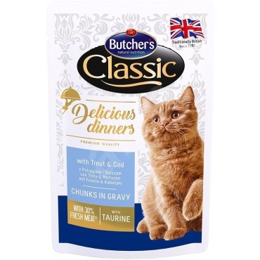 پوچ مخصوص گربه با طعم ماهی قزل آلا و کاد بوچرز - 100 گرم