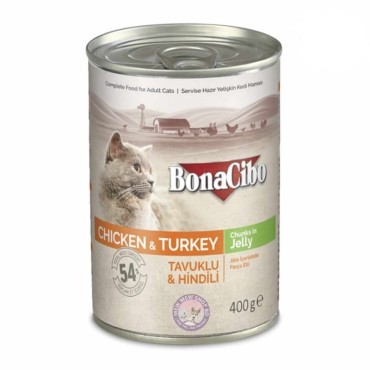 کنسرو مخصوص  گربه با طعم مرغ و بوقلمون بوناسیبو - 400 گرم