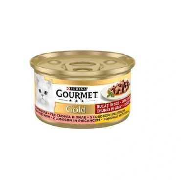 کنسرو گربه گورمت گلد مدل چانک طعم سالمون و مرغ وزن 85 گرم