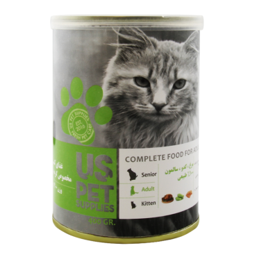 کنسرو گربه یو اس پت طعم مرغ،کدو و سالمون وزن 430 گرم