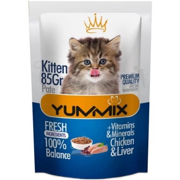 پوچ بچه‌گربه یامیکس YUMMIX با طعم جگر و مرغ – ۸۵ گرم