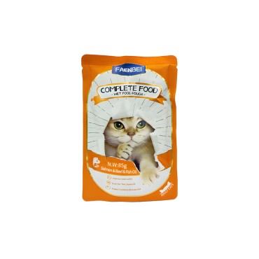 پوچ گربه فنبی طعم بیف ، سالمون و روغن ماهی وزن 85 گرم