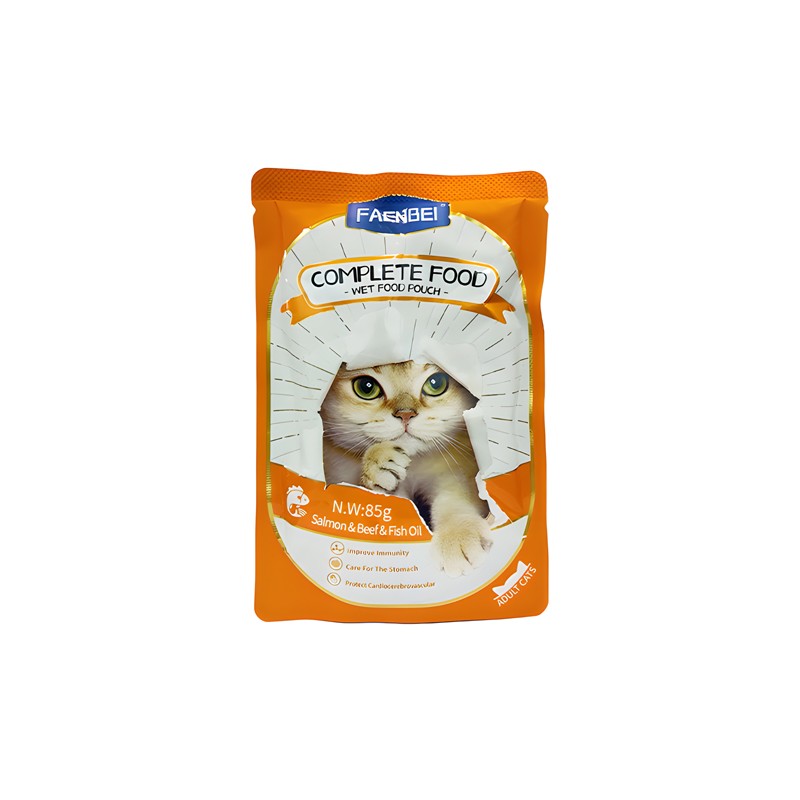 پوچ گربه فنبی طعم بیف ، سالمون و روغن ماهی وزن 85 گرم